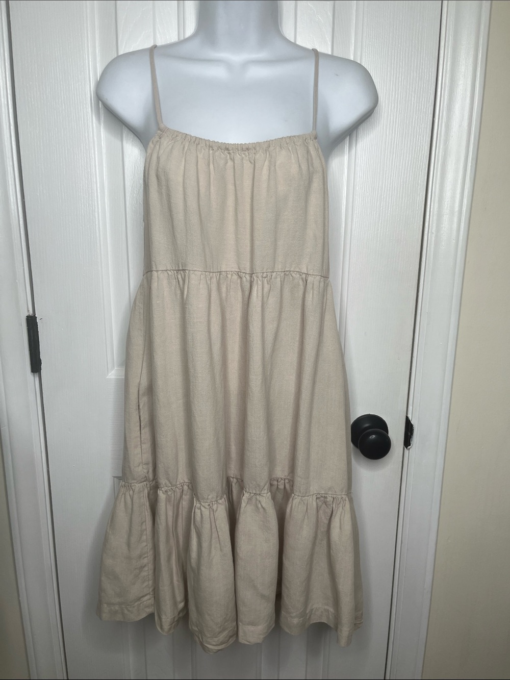 Linen Babydoll Mini Dress Ruffled Tiered Skirt with Pockets Size Medium